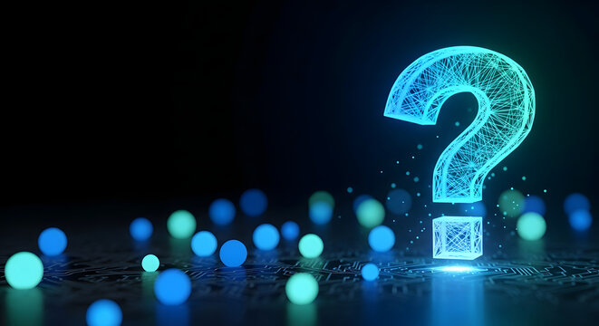 Glowing digital question mark network design - Powered by Adobe