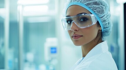 A female scientist wearing a lab coat and protective eyewear in a laboratory setting.