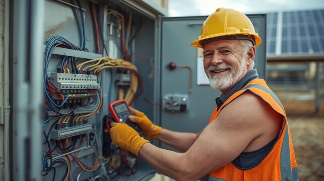 Reliable electrician inspecting solar panel wiring with a smile, ensuring efficient renewable energy. A professional image perfect for showcasing expertise and trust.