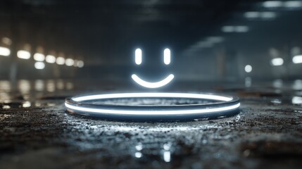 Illuminated smiley face hovers above a glowing ring on a wet, textured surface, conveying modern joy and digital connection in a futuristic setting.