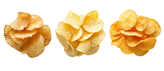 Three ruffled potato chips isolated on transparent background
