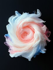 A close-up, abstract view of a swirling vortex of fine, delicate threads in soft pastel shades of pink, peach, white, and blue, set against a solid black backgr