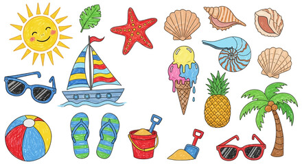 vibrant summer beach doodle illustrations of sun sailboat ice cream and shells hand-drawn in a cheerful style.