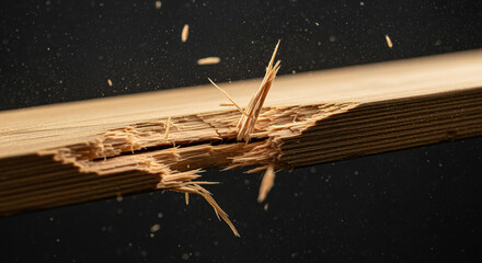 A splintered wooden plank dramatically fractures against a dark background with floating particles