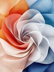 A close-up, abstract view of layered, sheer fabric creating a swirling, petal-like pattern with a gradient of colors.