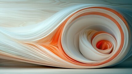 A close-up abstract view of layered white and orange paper forming a swirling pattern against a light wood grain background.