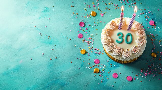 A birthday cake with the number 30 on it, decorated with pink and white frosting and topped with lit candles.