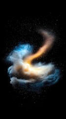 A dynamic explosion of colored powder and small particles swirls against a dark backdrop, creating an abstract, cosmic effect.