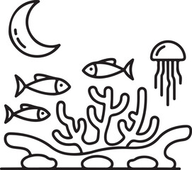 Fototapeta premium Underwater marine life illustration featuring sea creatures coral reef fish jellyfish and moon outline symbolizing ocean ecosystem and depth exploration vector