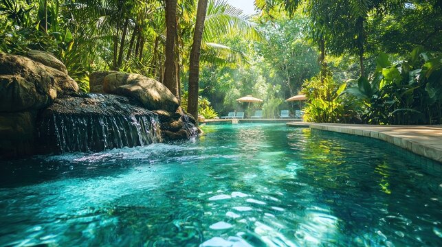 A serene tropical pool with a waterfall and palm trees in a lush, green jungle setting.