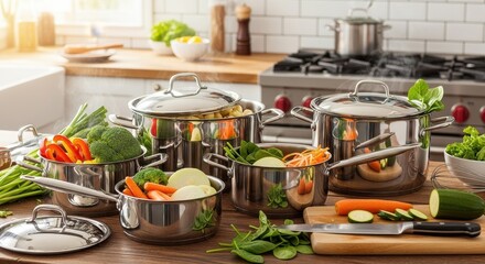 Culinary preparation featuring assorted fresh vegetables in stainless steel cookware in a sunlit