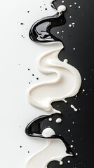 Black and white liquids swirl and splash together, creating an abstract pattern with droplets on a split background.