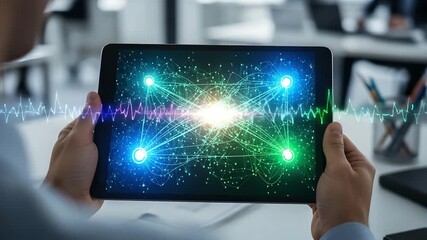 Hands holding tablet with abstract data network and digital waves - Powered by Adobe