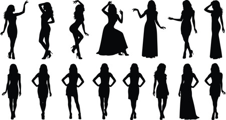 Elegant female silhouettes posing in various standing and dancing positions, fashion model vector illustration for design, beauty, and style concepts