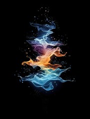 A dynamic composition of colorful smoke-like forms and water droplets against a dark background.