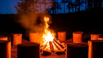Enchanting Bonfire Night: Warmth and Ambiance in Nature's Embrace, Wood Stools Surrounded by