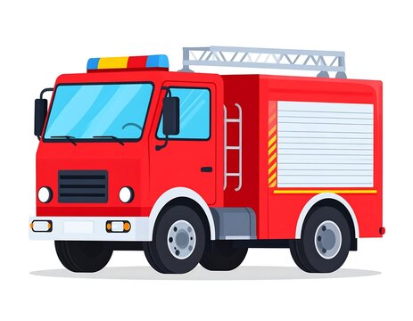 Cartoon illustration of a red fire truck, side view, on a white background - Powered by Adobe