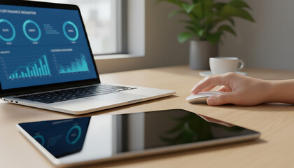 Focused businessman analyzing business data on kpi dashboard. Man using computer for performance analytics, tracking progress with key metrics on laptop screen, Strategic Planning & Business Execution
