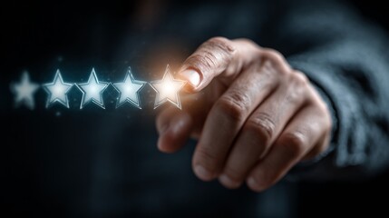 Customer selects glowing star, symbolizing excellent service and high satisfaction, driving business growth and brand loyalty