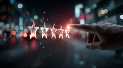 Customer's finger touching the fifth glowing star, signifying excellent service and a perfect five-star rating in a modern, vibrant setting.