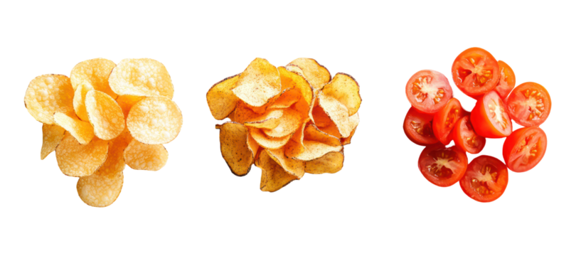 Piles of truffle chips tomato chips and onion chips side by side on transparent background