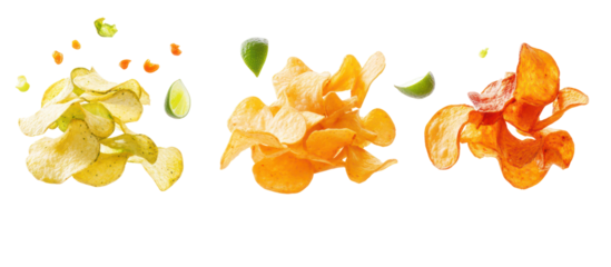Piles of veggie chips sweet chili chips and lime chips falling on transparent background