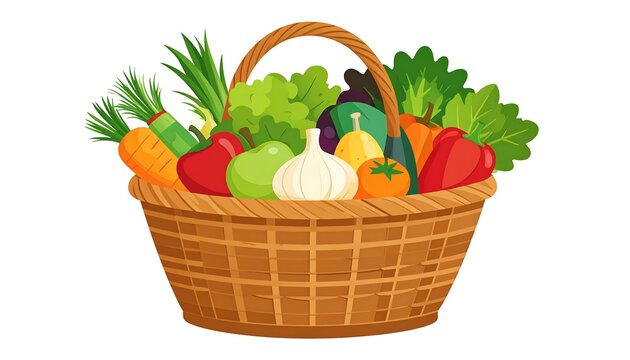 Cartoon illustration of a wicker basket filled with fresh produce