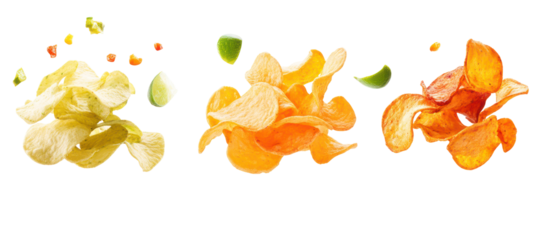 Piles of veggie chips sweet chili chips and lime chips falling on transparent background