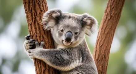 Obraz premium Cute koala holding onto a tree trunk with soft daylight and crisp details.