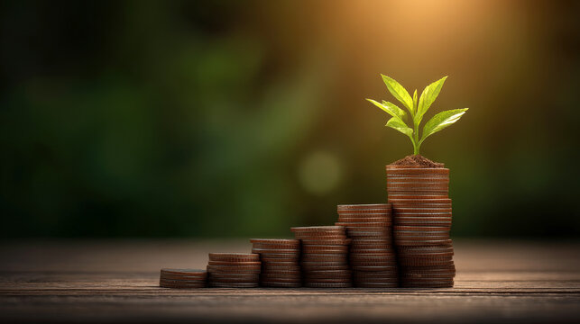 Young plant growing from stacked coin showing financial growth and sustainable investment