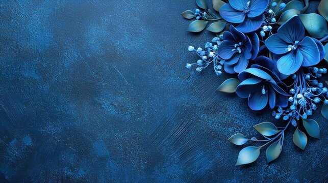 A blue and green floral arrangement on a dark blue textured background.