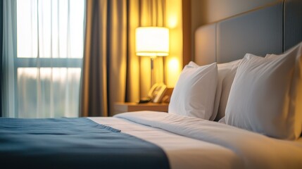 A neatly made bed with white pillows and a blue blanket, illuminated by a lamp with a white lampshade, in a well-lit room with a window and curtains.