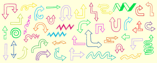 Colorful hand drawn doodle arrow pattern with curves lines and decorative elements seamless design on cream background