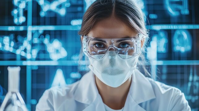 A female scientist wearing protective gear, looking at a screen with scientific data in a laboratory setting.
