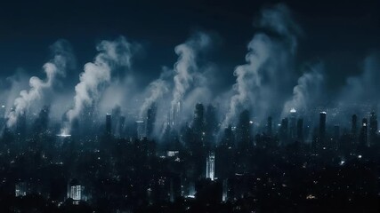 A dusky cityscape with high-rise buildings, shrouded in fog and plumes of smoke at night - Powered by Adobe