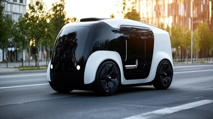 A futuristic, sleek, white and black autonomous vehicle driving on a city street with a modern urban background.