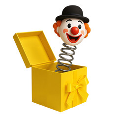Clown head popping out of yellow jack-in-the-box toy with spring  