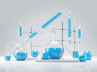 Collection of clear glass chemical laboratory equipment with vibrant blue liquid and molecular models