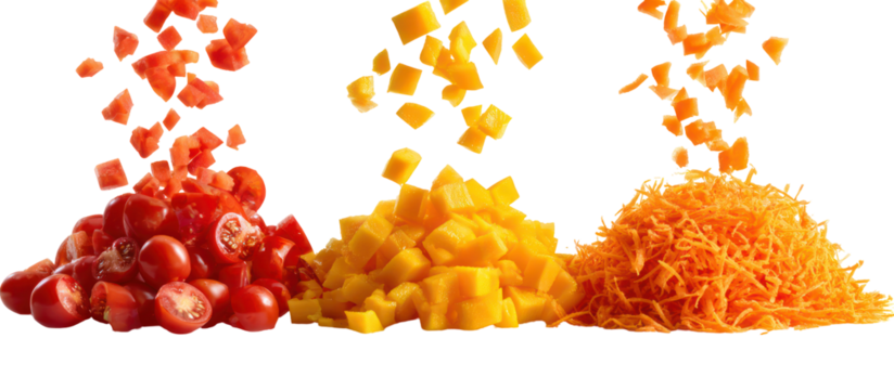 Three piles of chopped vegetables falling isolated on transparent background - Powered by Adobe