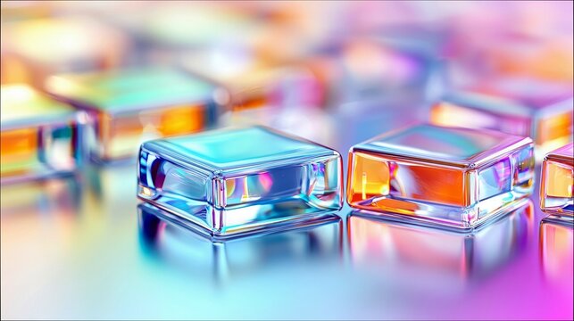 Transparent, iridescent glass cubes with colorful light reflections, arranged in a shallow depth of field.