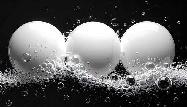 Three luminous, spherical objects are cradled by bubbly liquid, contrasting against a dark background, with droplets