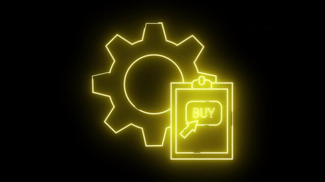 Glowing yellow neon art gear clipboard buy button cursor on black