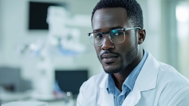 A male scientist in a lab coat, wearing glasses, sitting in a laboratory with medical equipment in the background.