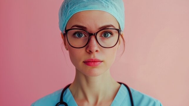 A female healthcare professional wearing blue scrubs and a surgical cap, standing against a pink background. - Powered by Adobe