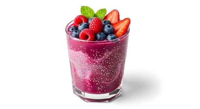 A vibrant glass of berry smoothie filled with fresh mixed berries and topped with a garnish, served in a clear glass. Ideal for health and beverage promotions