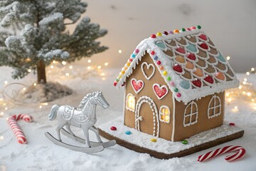 Naklejka premium Festive gingerbread house with candy canes and rocking horse for christmas time