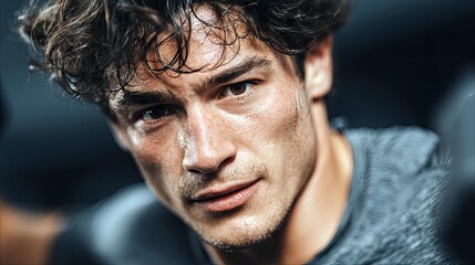 A close-up shot captures the intense gaze of a young man, his face glistening with sweat, conveying a sense of determination and physical exertion.