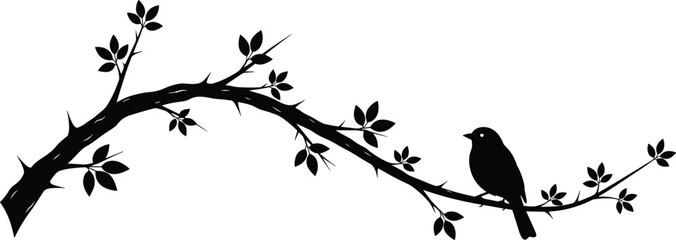 Bird Perched on Thorny Branch Silhouette Vector, Songbird on Spiked Twig Black Graphic, Nature Wildlife Danger Symbol, Contrast Concept Design Element