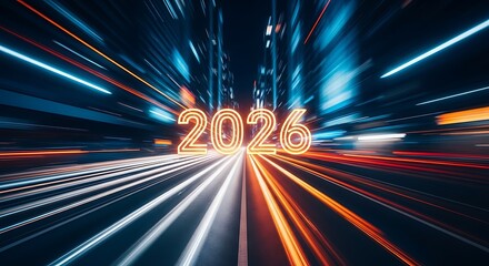 Neon 2026 Year Number Glowing Over Blurred City Lights Streaks new year future