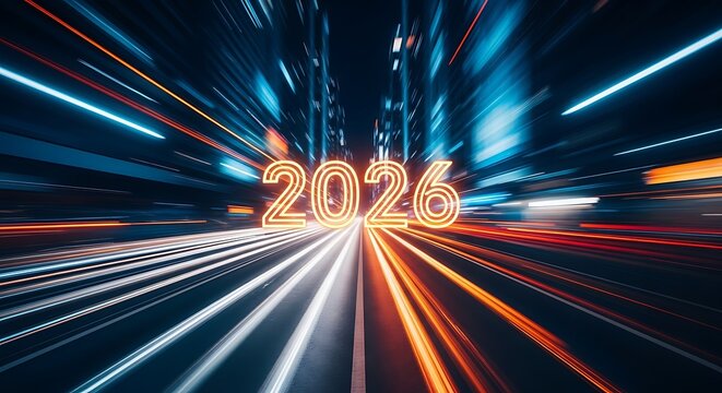 Neon 2026 Year Number Glowing Over Blurred City Lights Streaks new year future